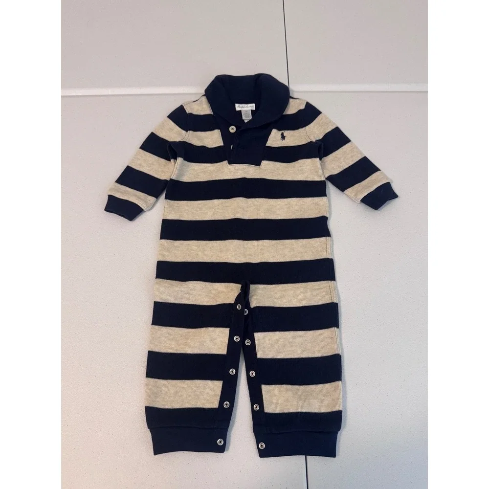 Ralph Lauren Baby Boy Navy Cream Striped Shawl Collar Cotton Coverall 12M ff